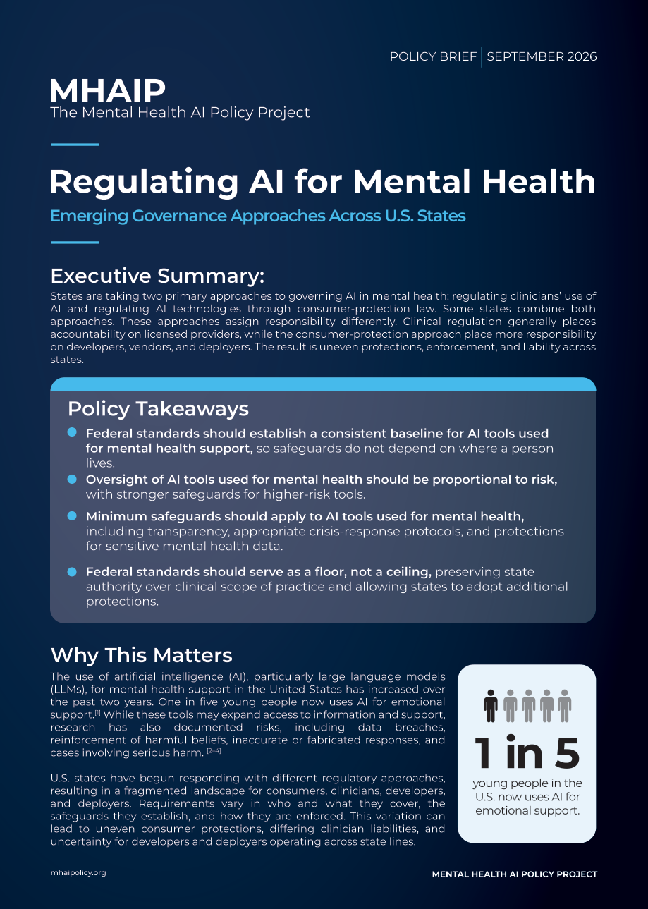 Cover of the September 2026 policy brief Regulating AI for Mental Health