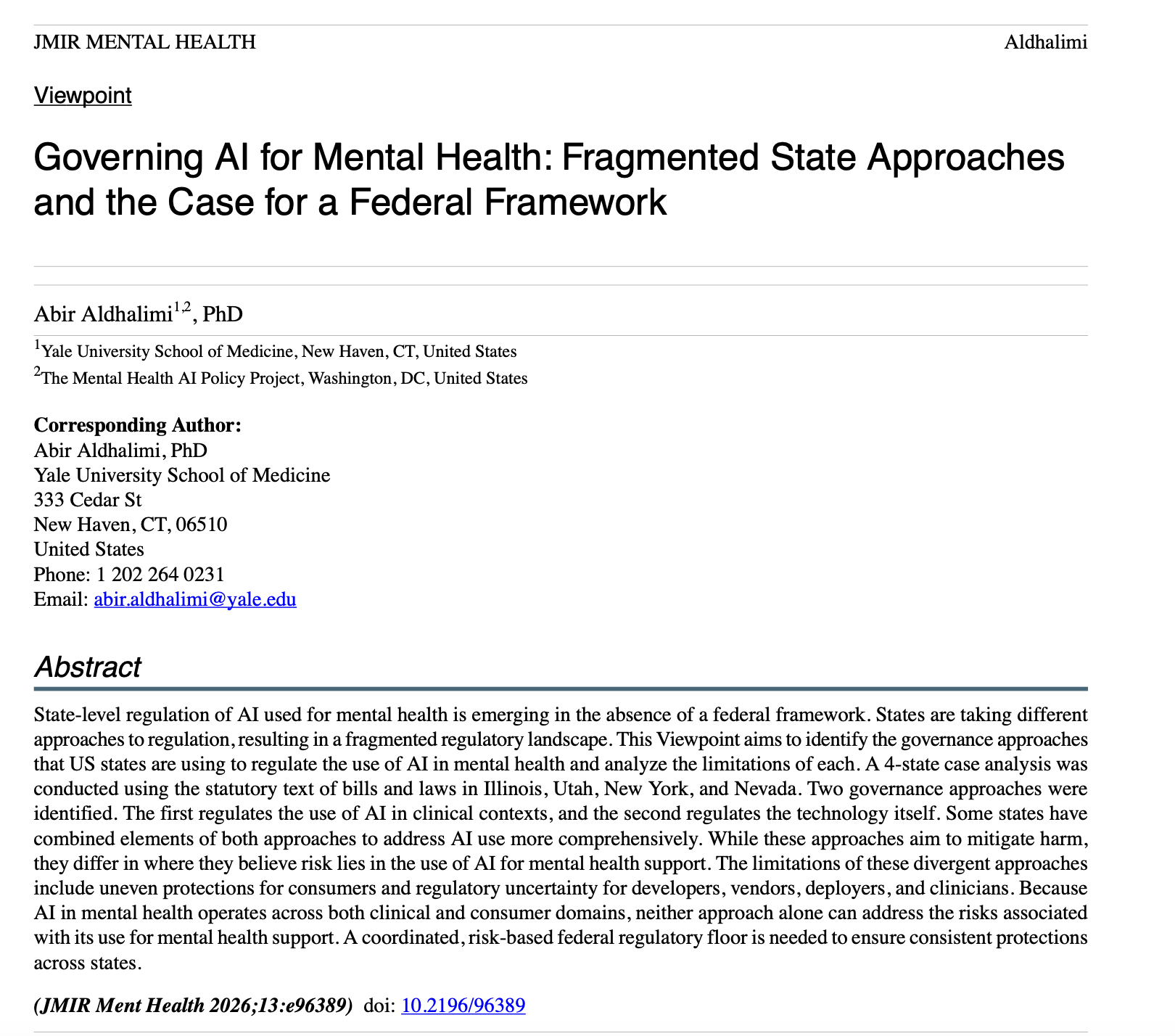 Preview of the JMIR Mental Health article Governing AI for Mental Health